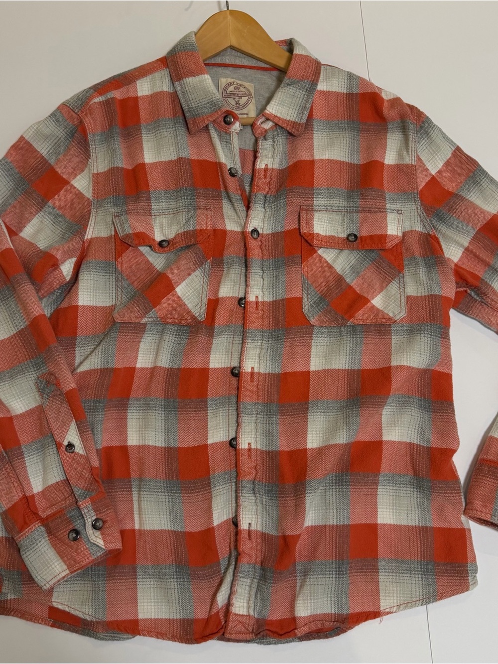 FatFace Plaid Flannel Overshirt Men’s Large Orange Gray Shacket Heavy Cotton